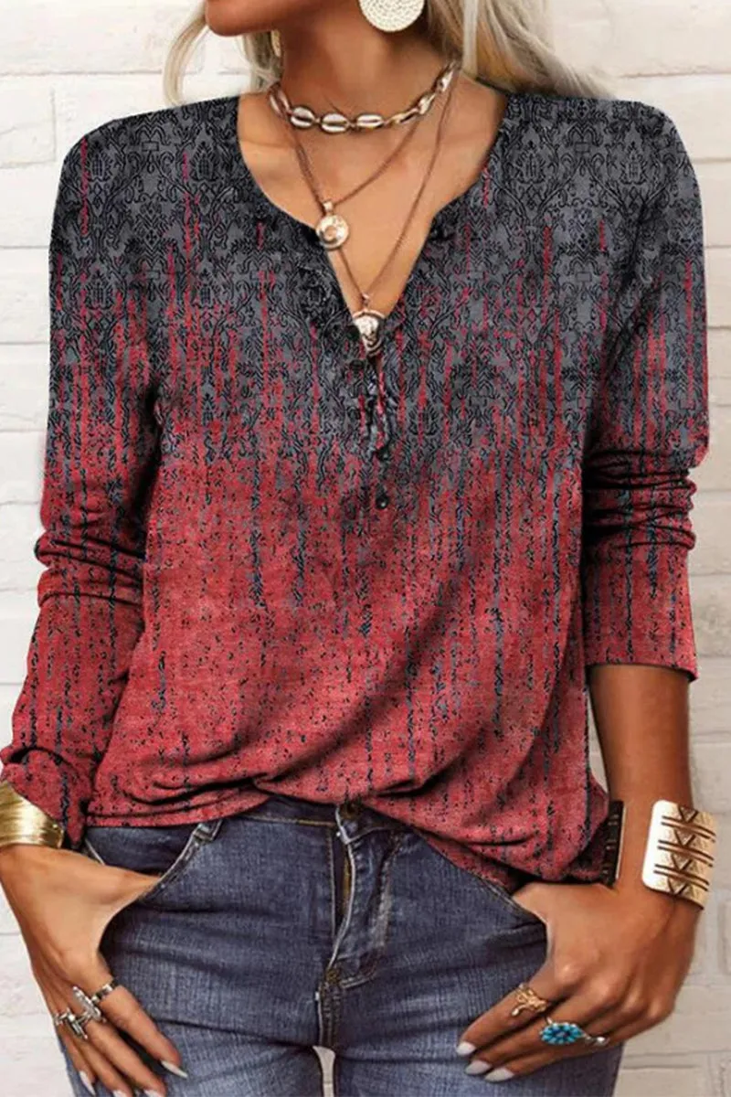 Casual Print V Neck Tops