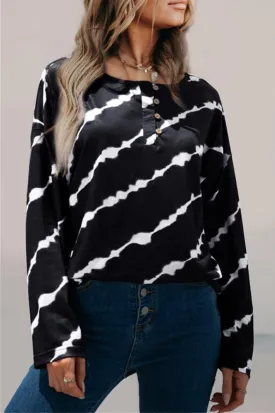 Casual Striped Buckle O Neck Tops