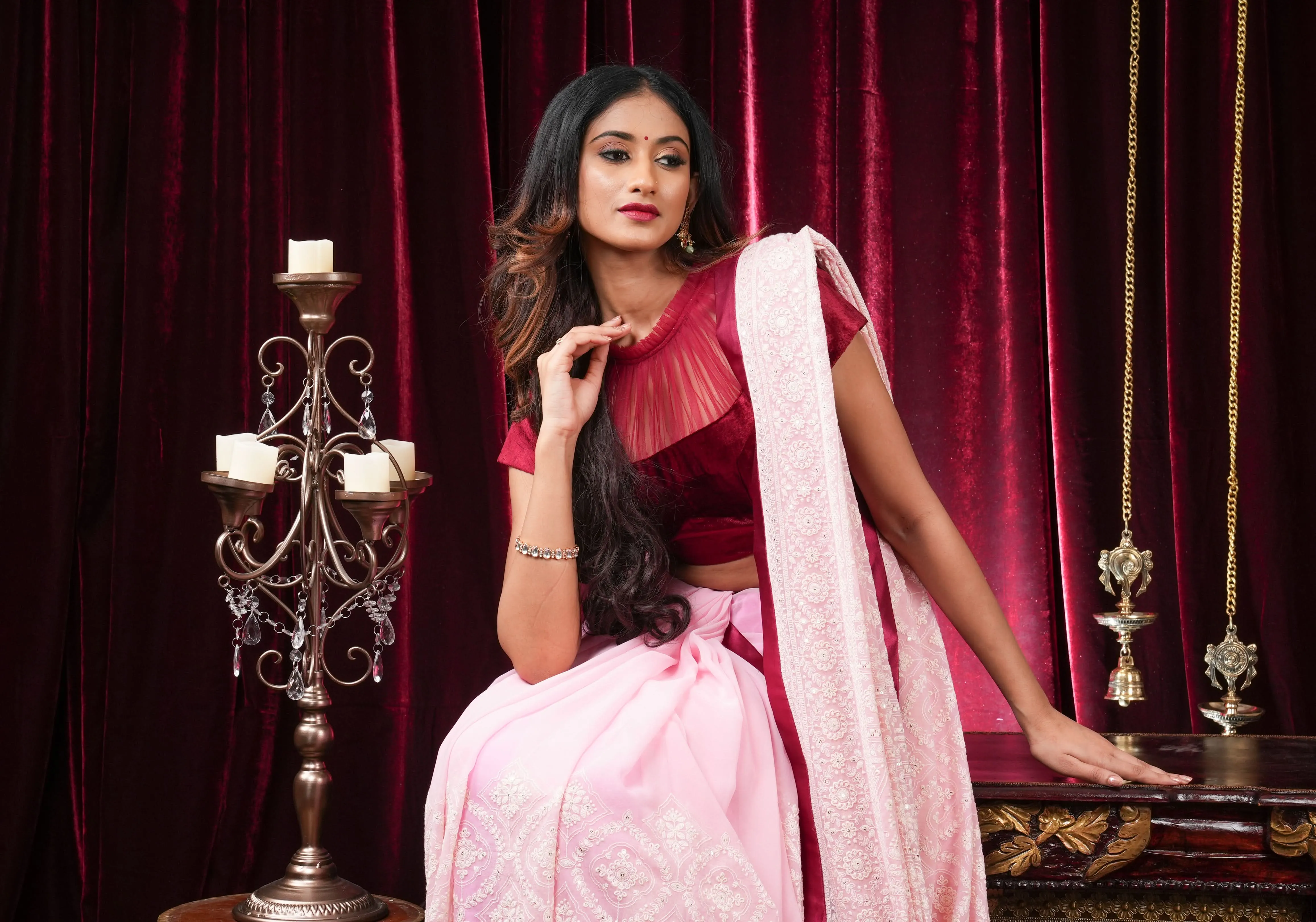 Charming Pink Georgette Saree with Self Embroidery and contrasting Pomegranate satin trim