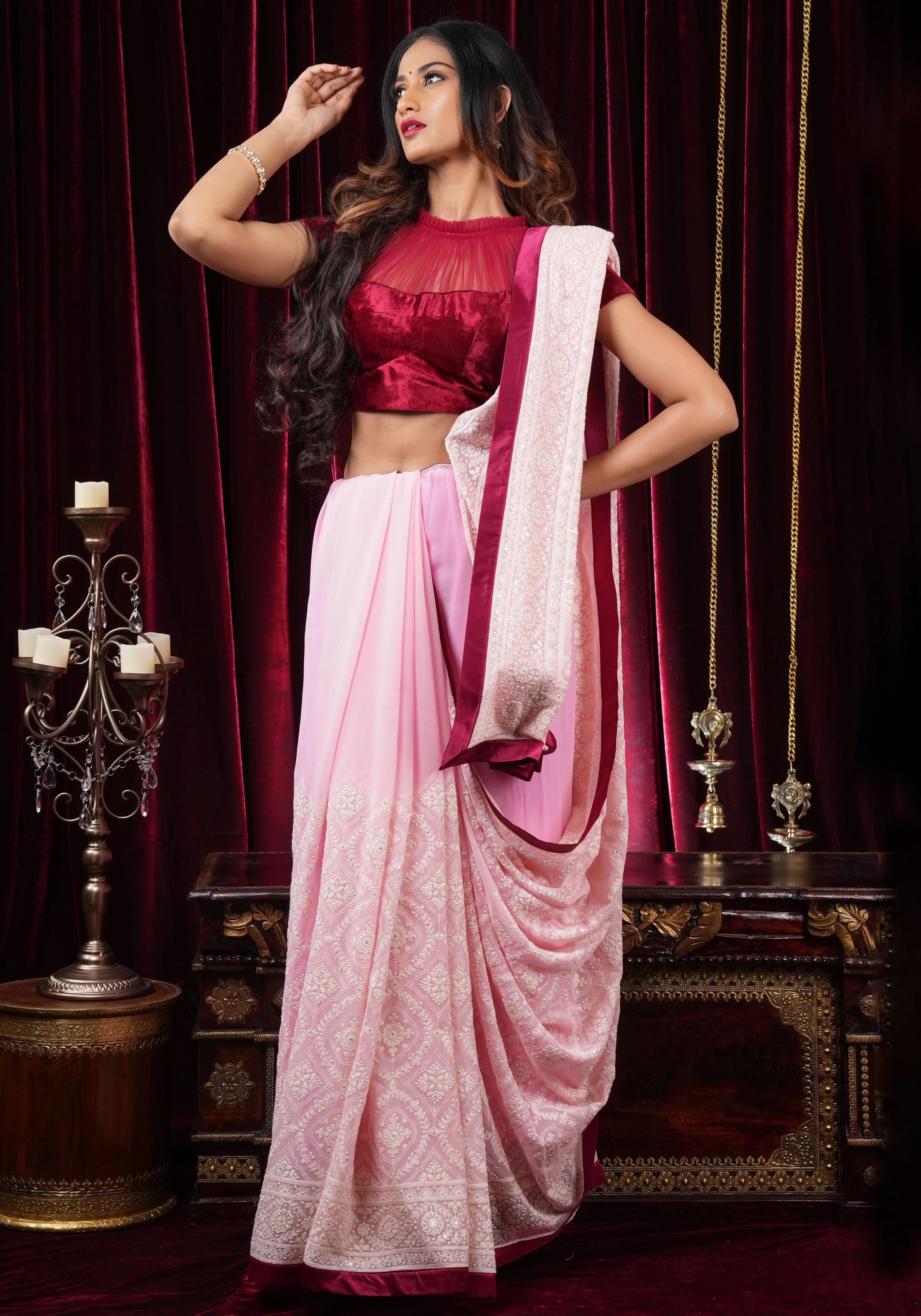 Charming Pink Georgette Saree with Self Embroidery and contrasting Pomegranate satin trim