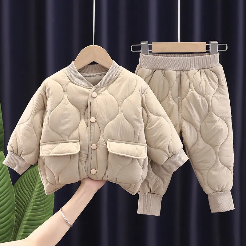 Childrens Winter Jacket Top And Bottom Clothes Set Solid Color Jacket For Boy Cotton Pants Two Piece Set Boy Girls Down Jacket