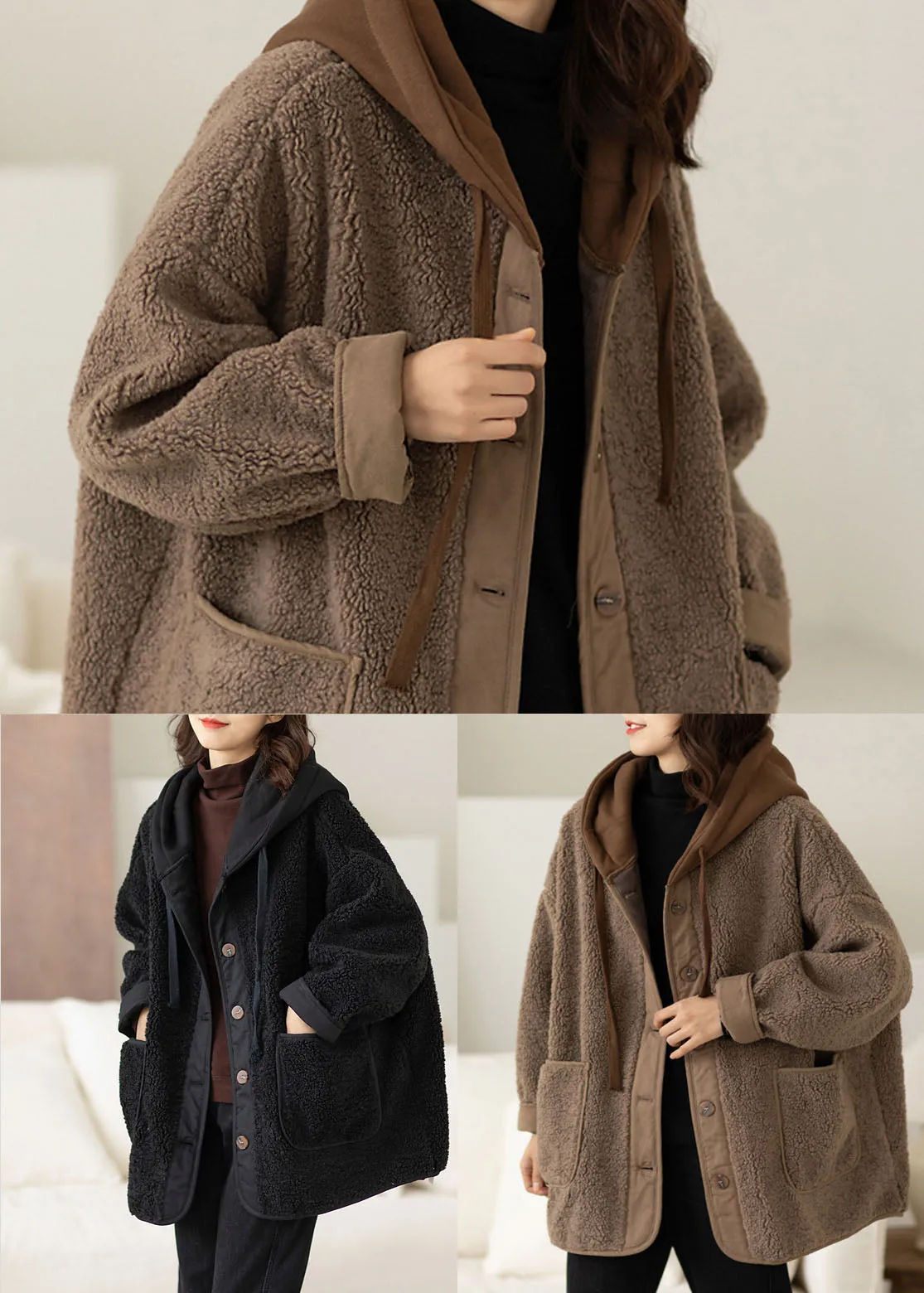 Chocolate Fake Two Piece Fine Cotton Filled Teddy Faux Fur Jackets Hooded Drawstring Winter