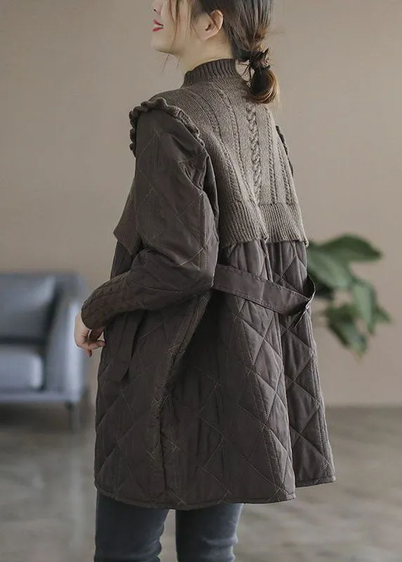 Chocolate Patchwork Fine Cotton Filled Coats Stand Collar Ruffled Winter