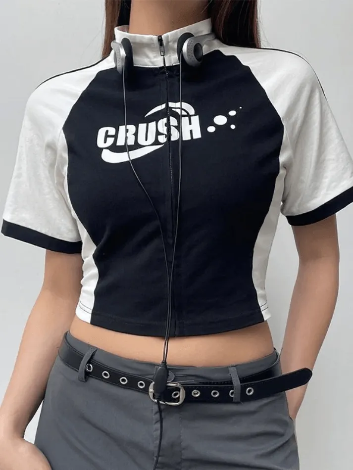 Contrasting Zip-Up Crop Top