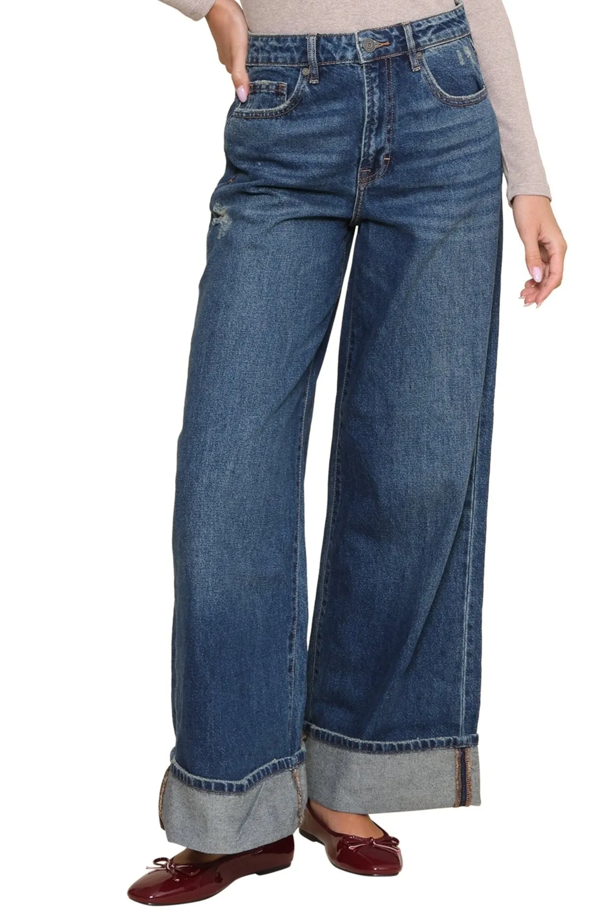 Cuffed Dark Wash Wide Leg Jean