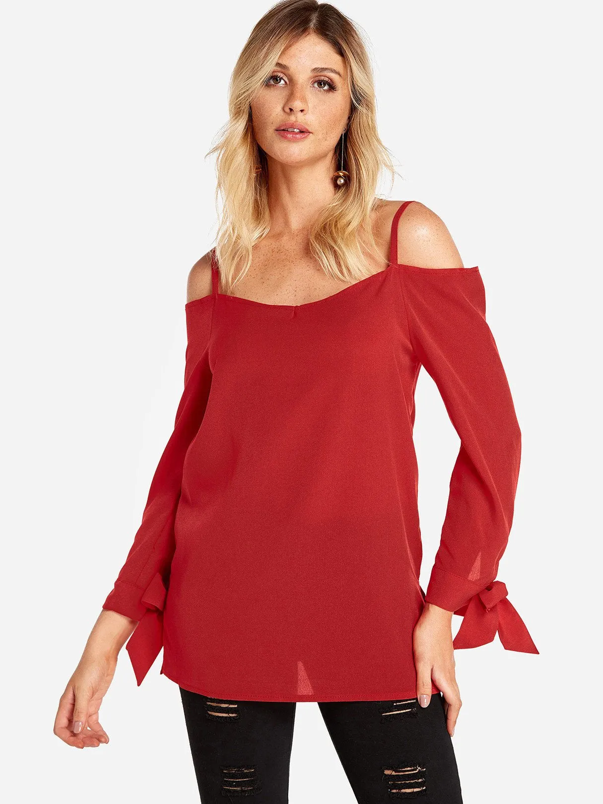 Custom Cold Shoulder Plain Self-Tie Long Sleeve Blouses