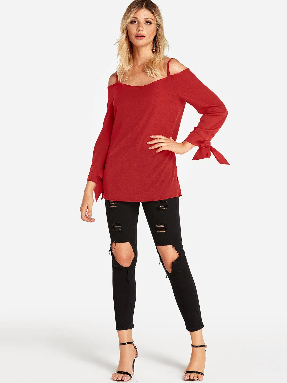 Custom Cold Shoulder Plain Self-Tie Long Sleeve Blouses