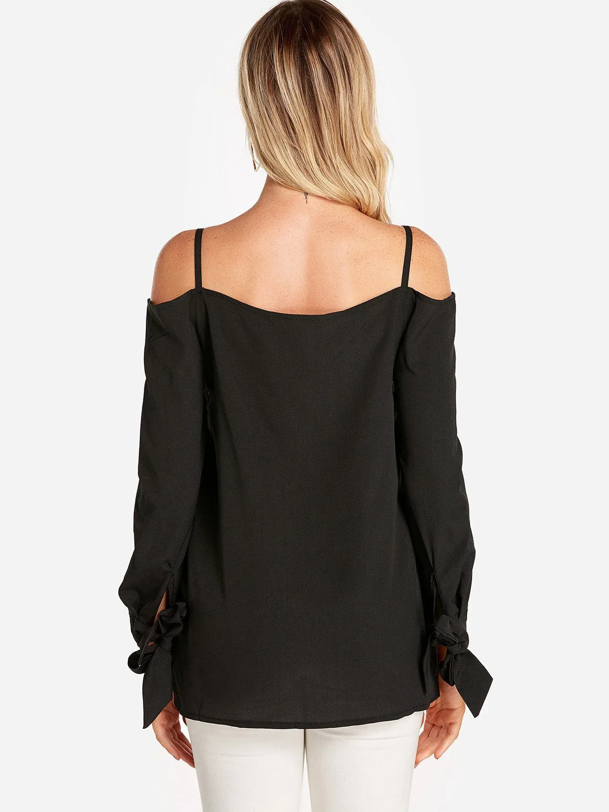 Custom Cold Shoulder Plain Self-Tie Long Sleeve Blouses