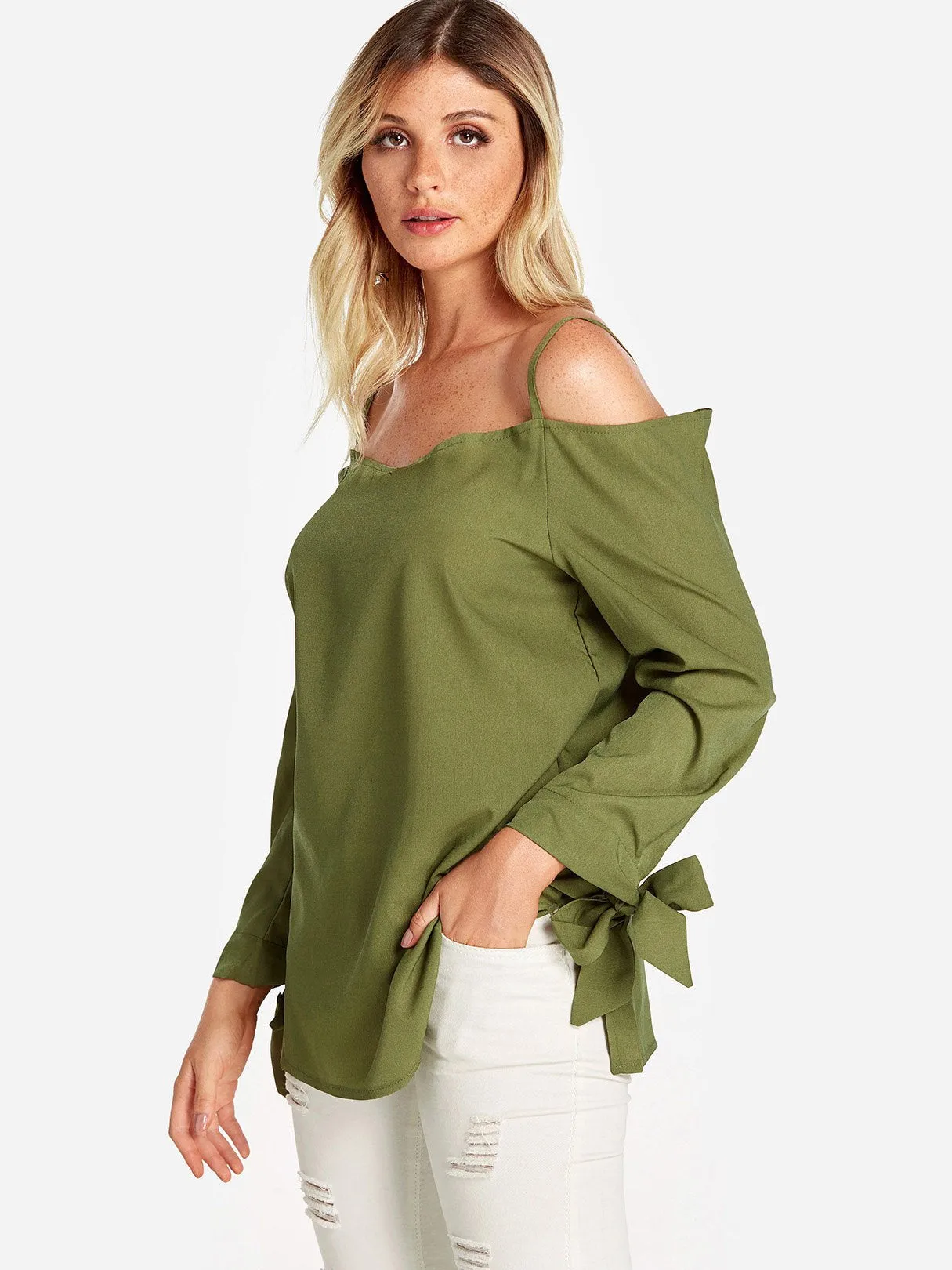 Custom Cold Shoulder Plain Self-Tie Long Sleeve Blouses