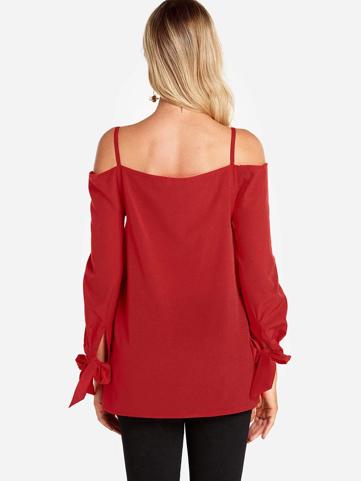 Custom Cold Shoulder Plain Self-Tie Long Sleeve Blouses