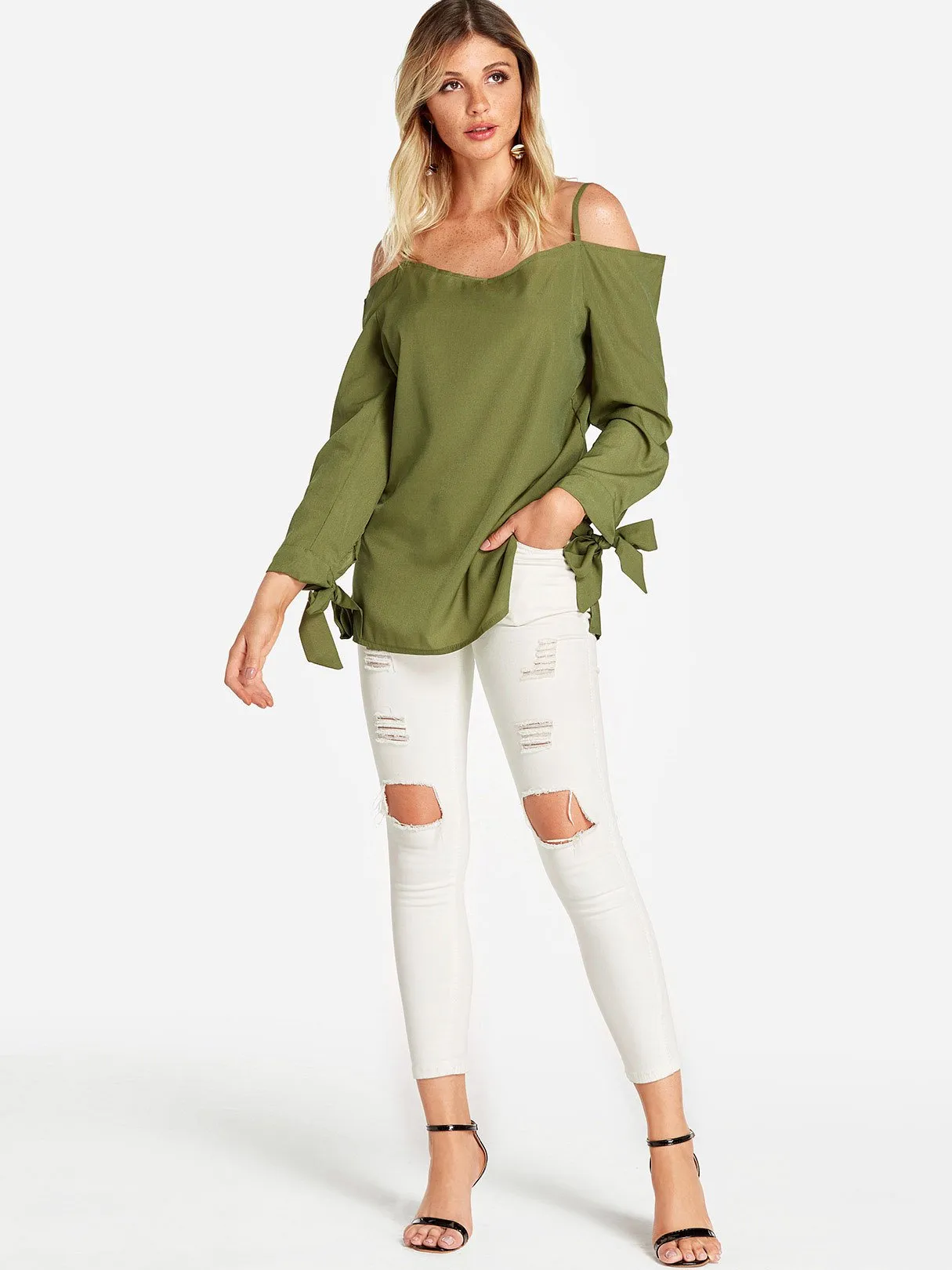 Custom Cold Shoulder Plain Self-Tie Long Sleeve Blouses