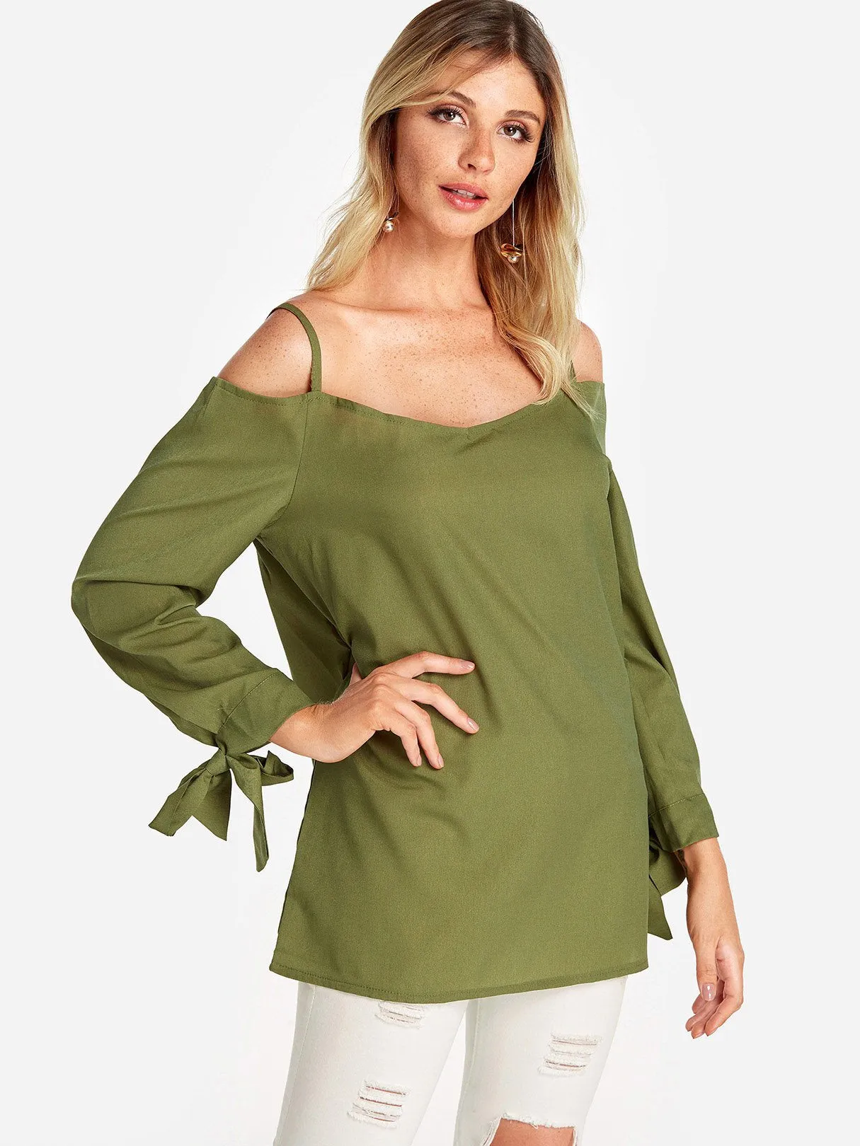 Custom Cold Shoulder Plain Self-Tie Long Sleeve Blouses