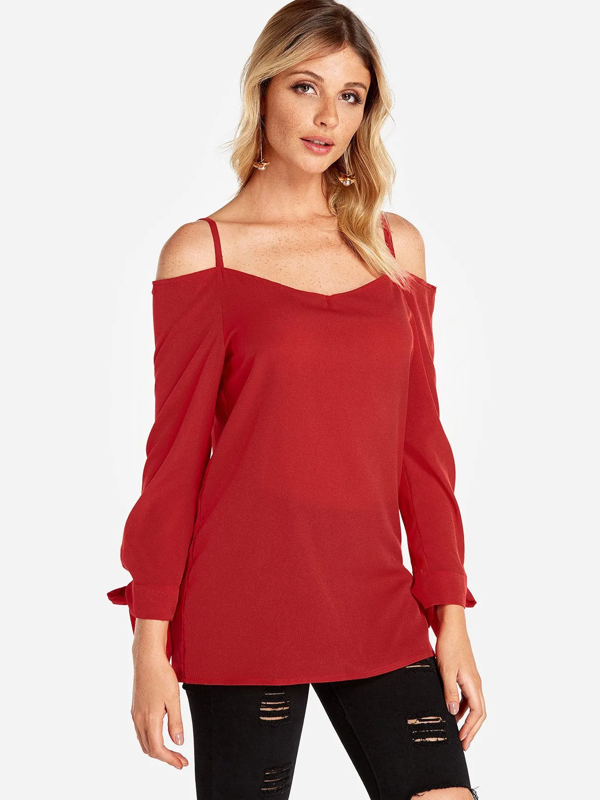 Custom Cold Shoulder Plain Self-Tie Long Sleeve Blouses