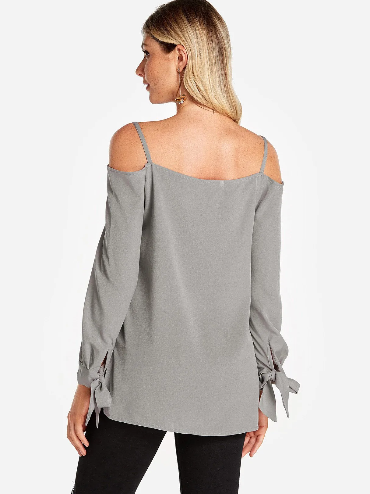 Custom Cold Shoulder Plain Self-Tie Long Sleeve Blouses