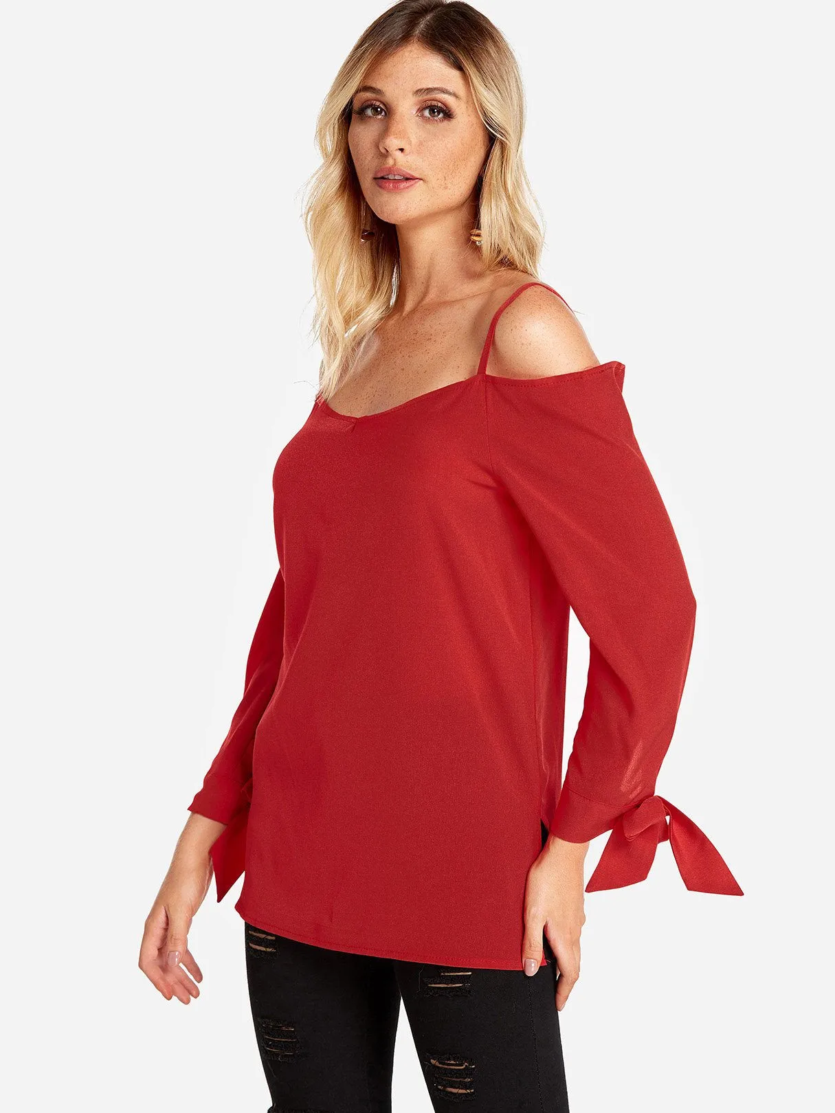 Custom Cold Shoulder Plain Self-Tie Long Sleeve Blouses