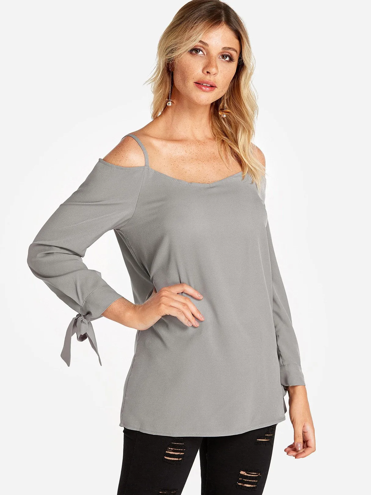 Custom Cold Shoulder Plain Self-Tie Long Sleeve Blouses