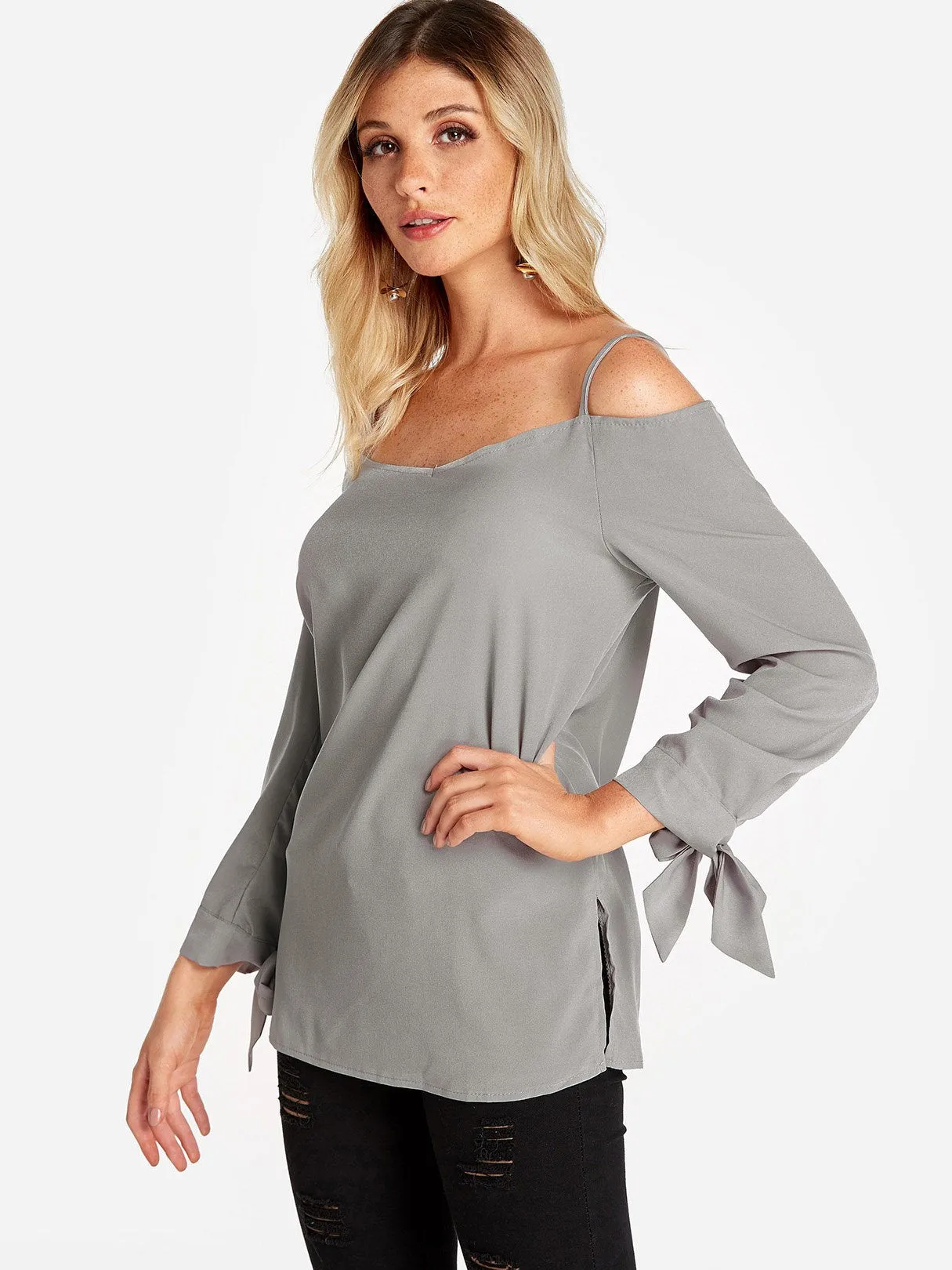 Custom Cold Shoulder Plain Self-Tie Long Sleeve Blouses