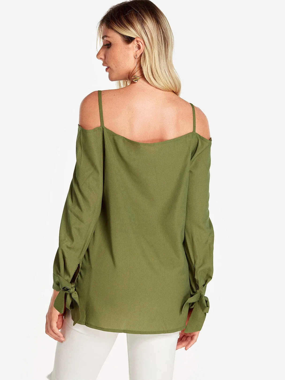 Custom Cold Shoulder Plain Self-Tie Long Sleeve Blouses