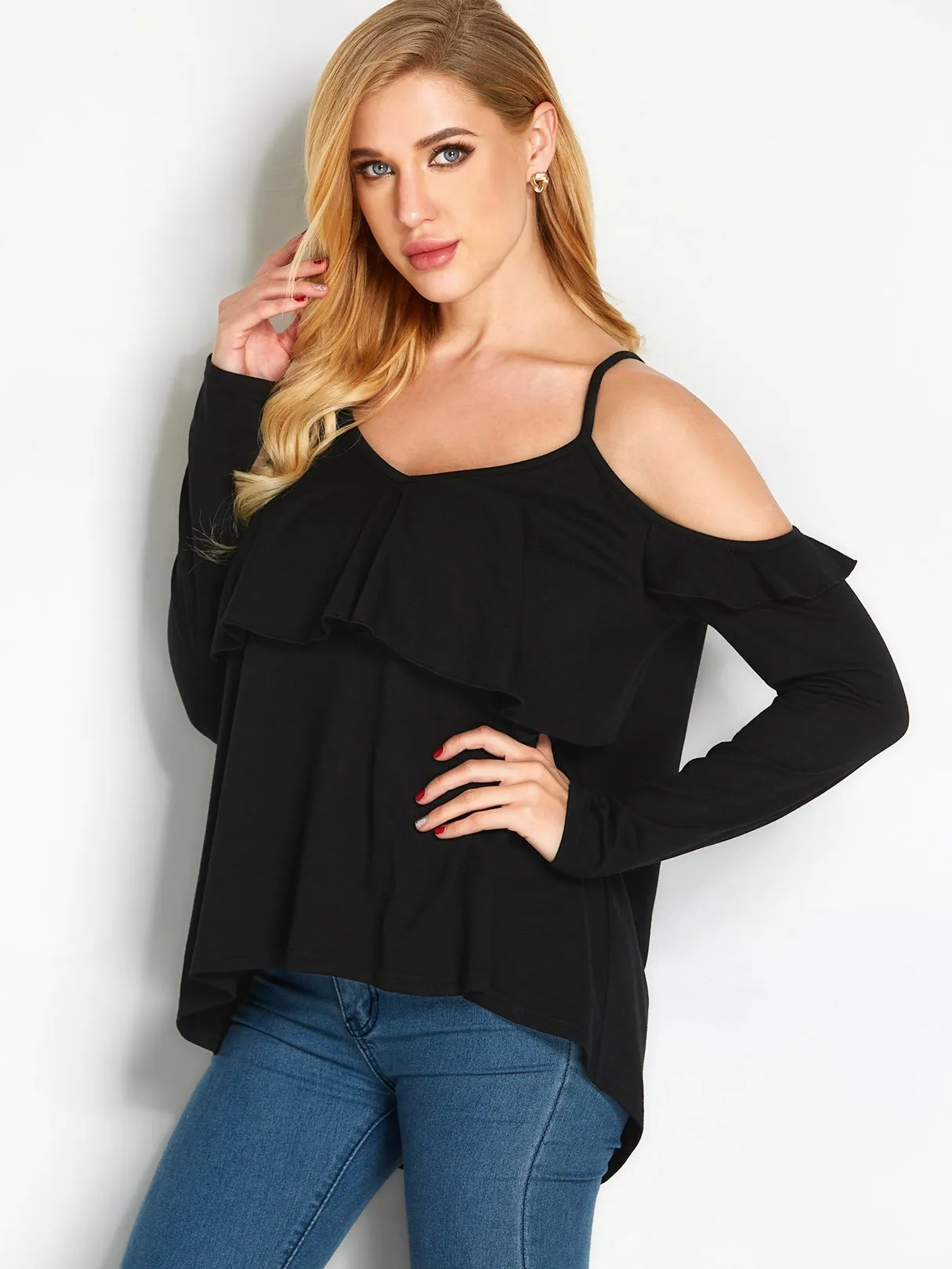 Custom Cold Shoulder Plain Spaghetti Strap Long Sleeve Black Blouses