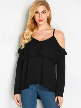 Custom Cold Shoulder Plain Spaghetti Strap Long Sleeve Black Blouses