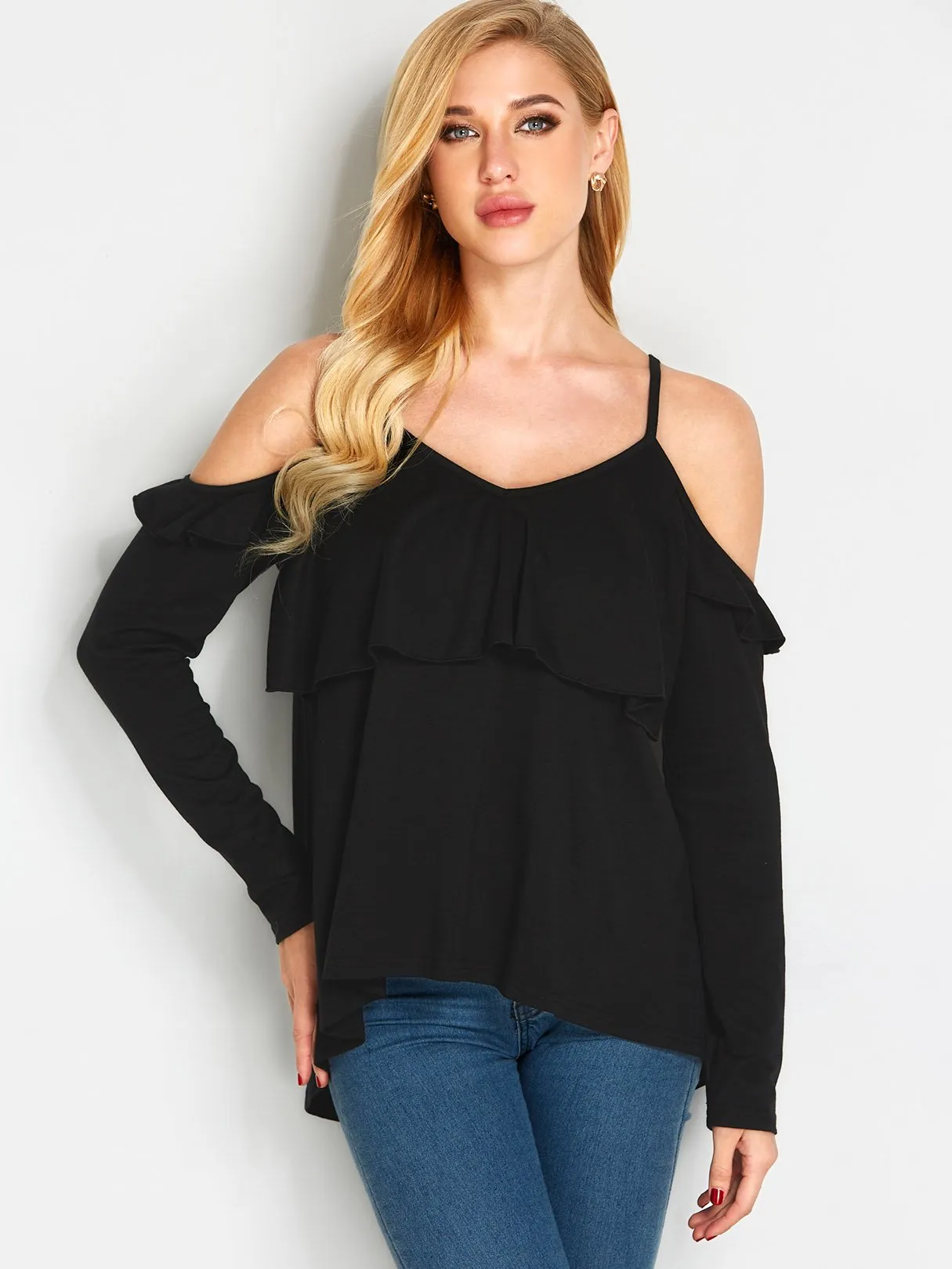 Custom Cold Shoulder Plain Spaghetti Strap Long Sleeve Black Blouses