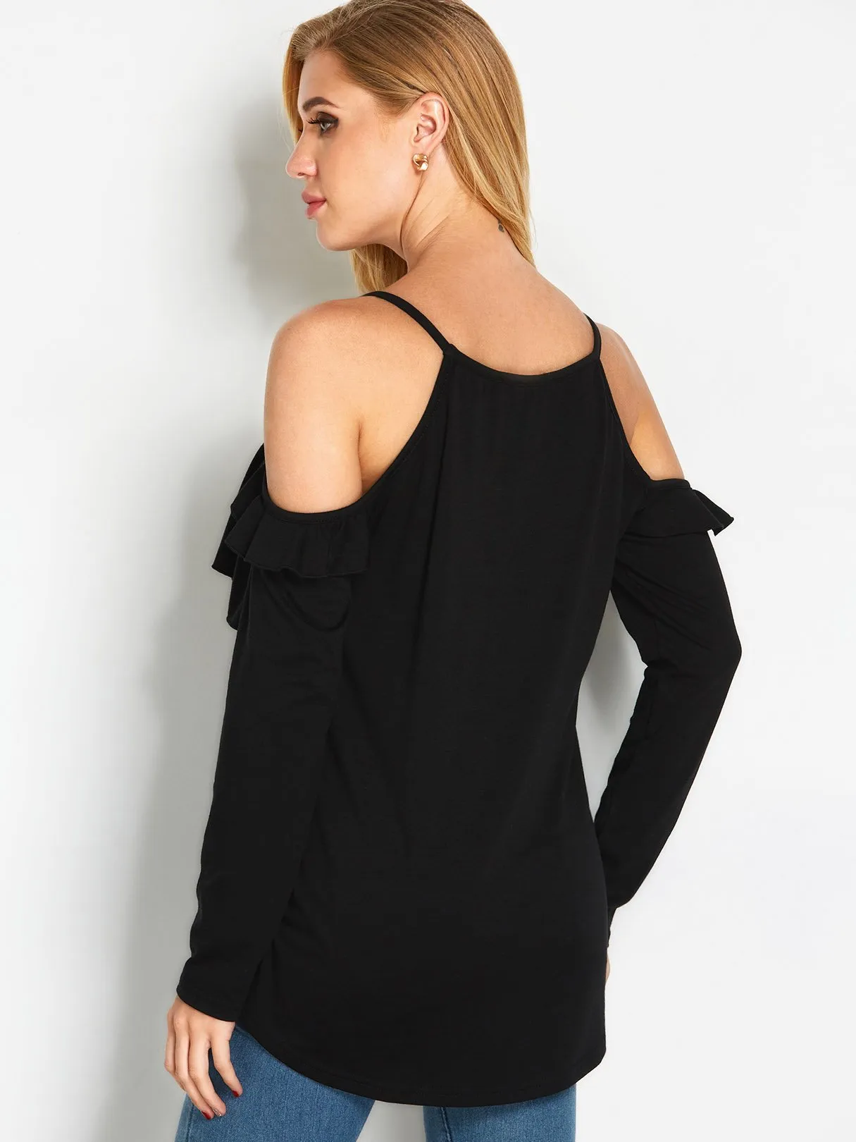 Custom Cold Shoulder Plain Spaghetti Strap Long Sleeve Black Blouses