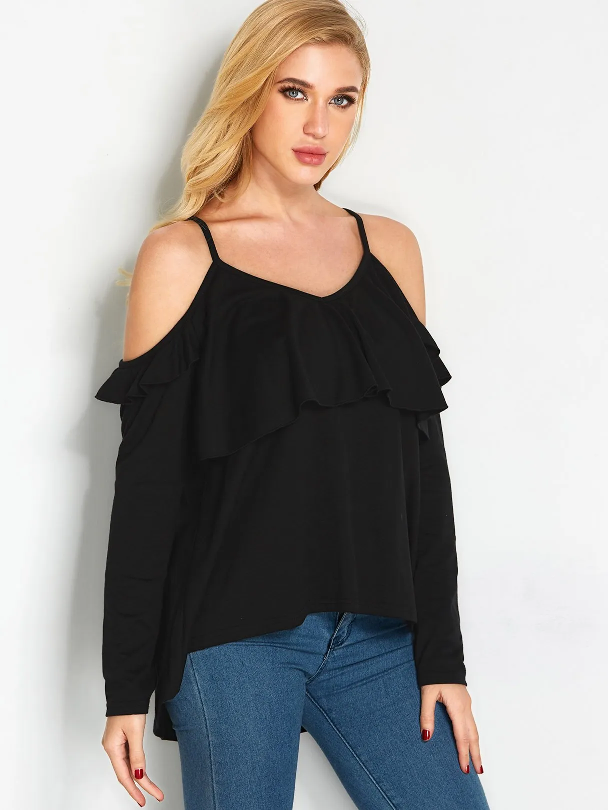 Custom Cold Shoulder Plain Spaghetti Strap Long Sleeve Black Blouses