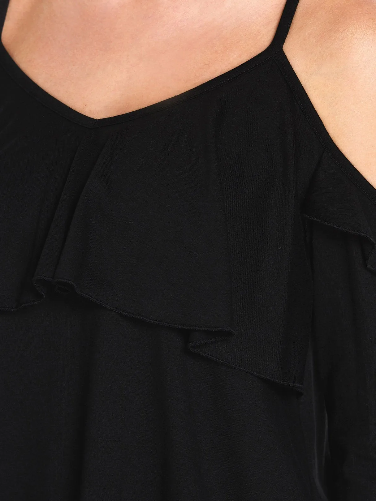 Custom Cold Shoulder Plain Spaghetti Strap Long Sleeve Black Blouses