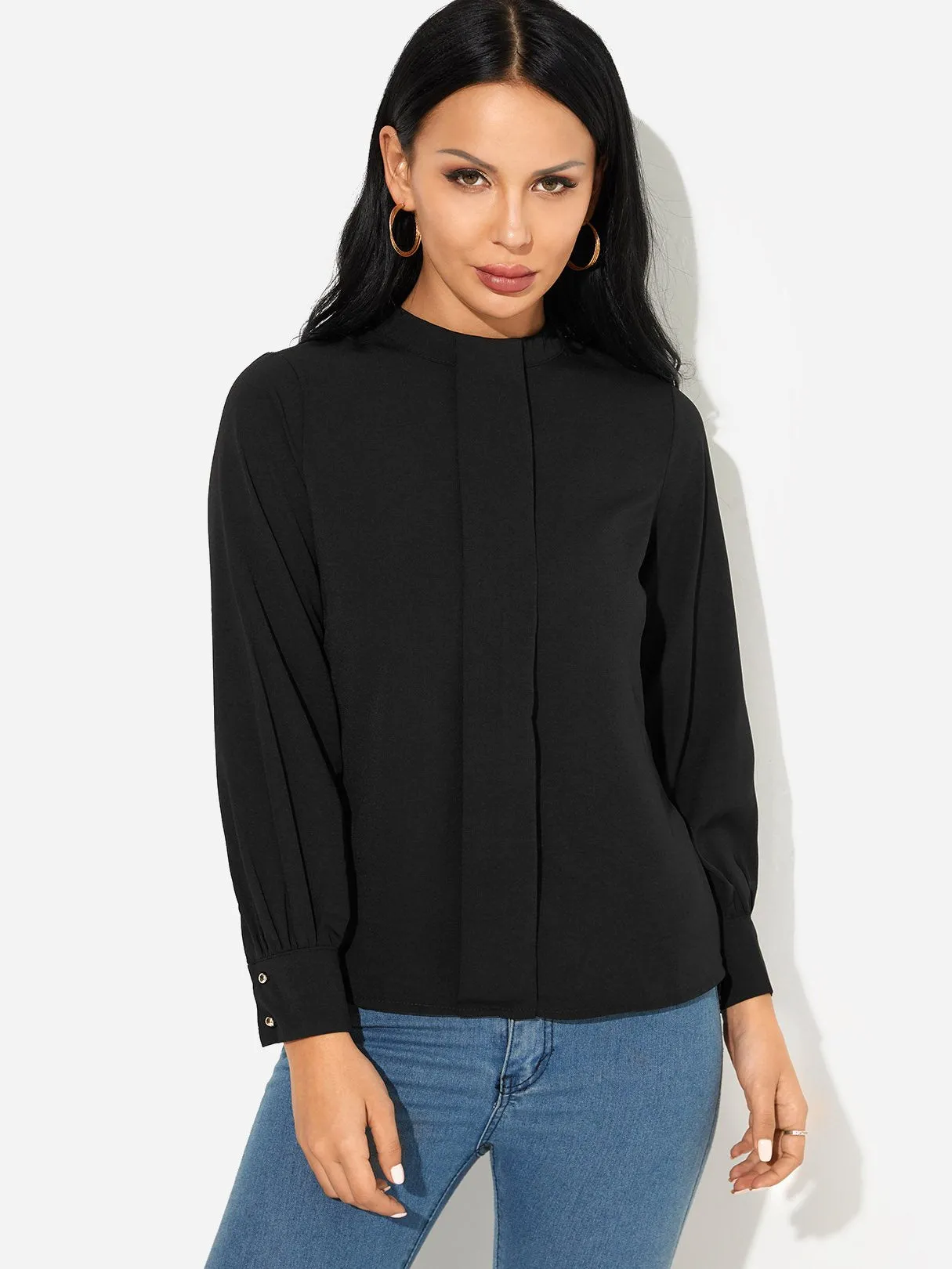 Custom Mock Neck Puff Sleeves Button-cuff Chiffon Shirt