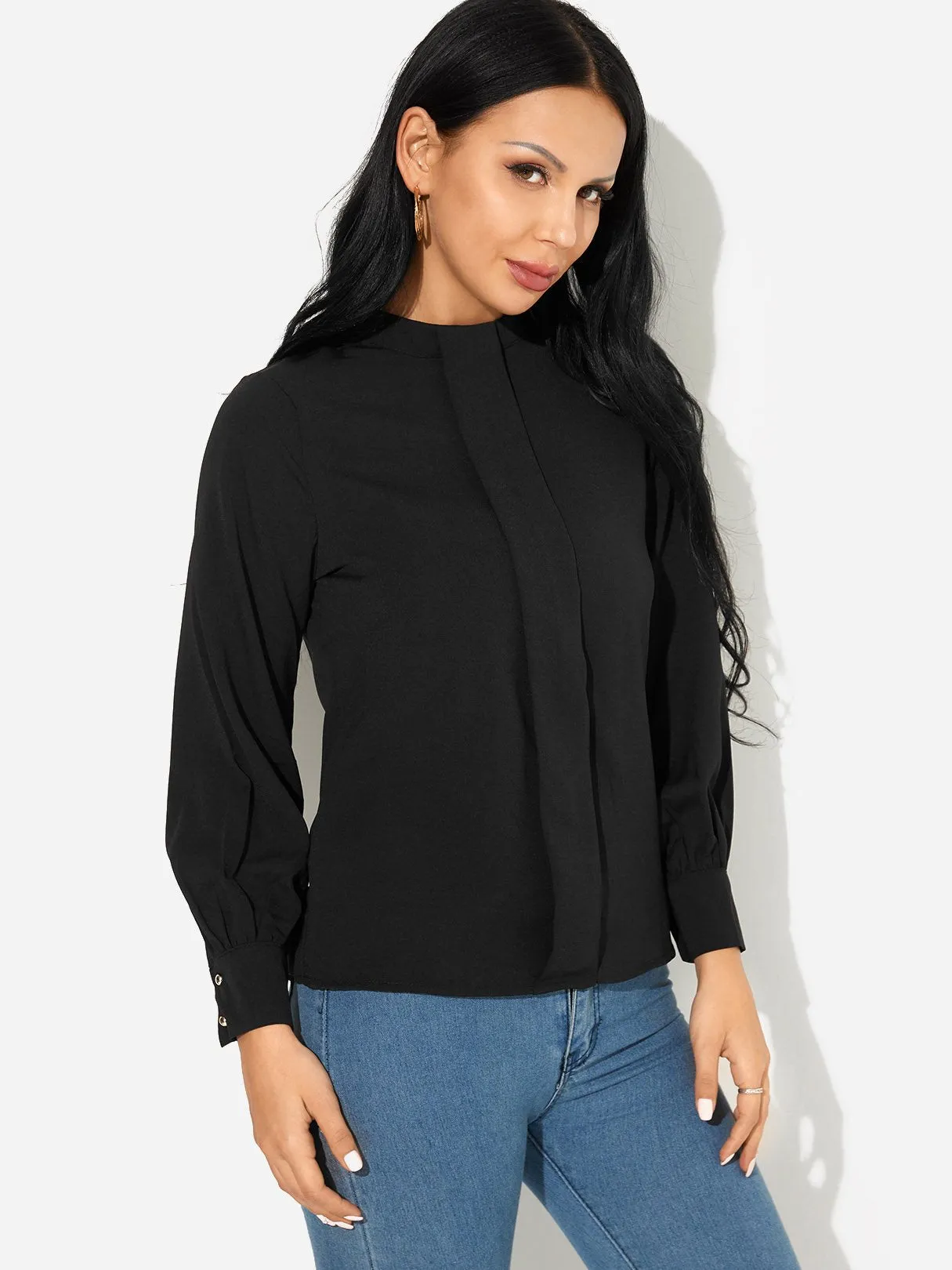 Custom Mock Neck Puff Sleeves Button-cuff Chiffon Shirt