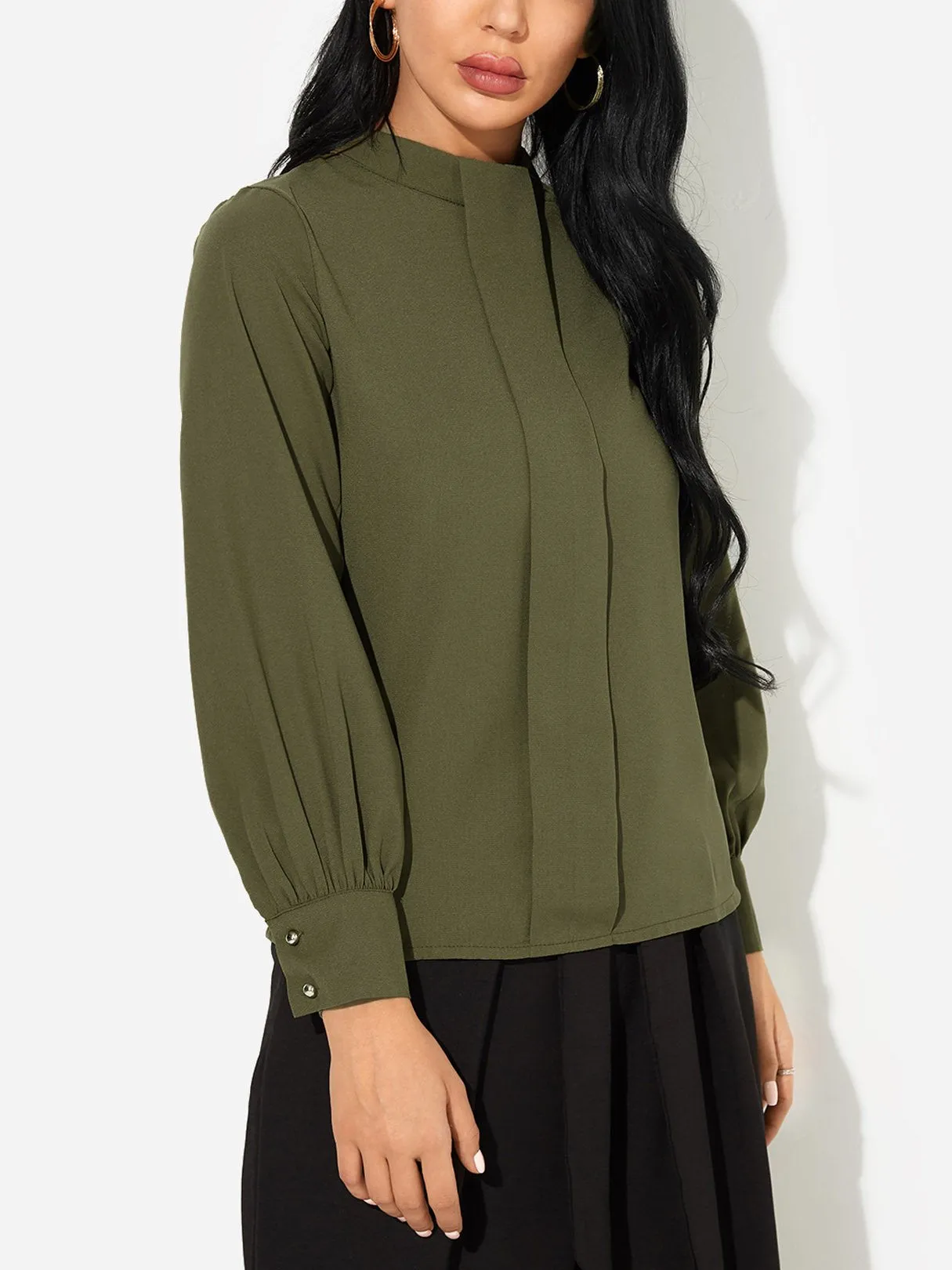 Custom Mock Neck Puff Sleeves Button-cuff Chiffon Shirt