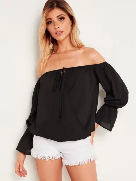 Custom Off The Shoulder Plain Crossed Front Self-Tie Long Sleeve Black Blouses