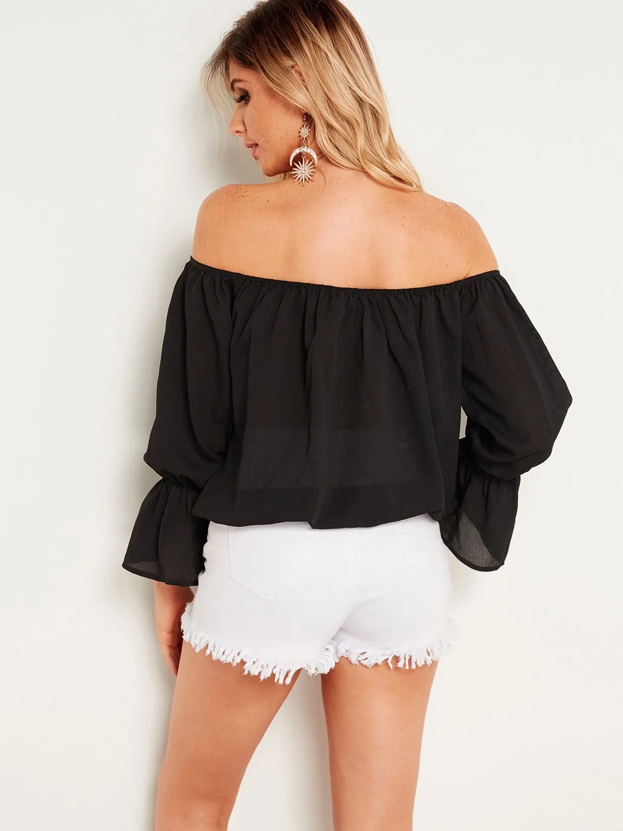 Custom Off The Shoulder Plain Crossed Front Self-Tie Long Sleeve Black Blouses