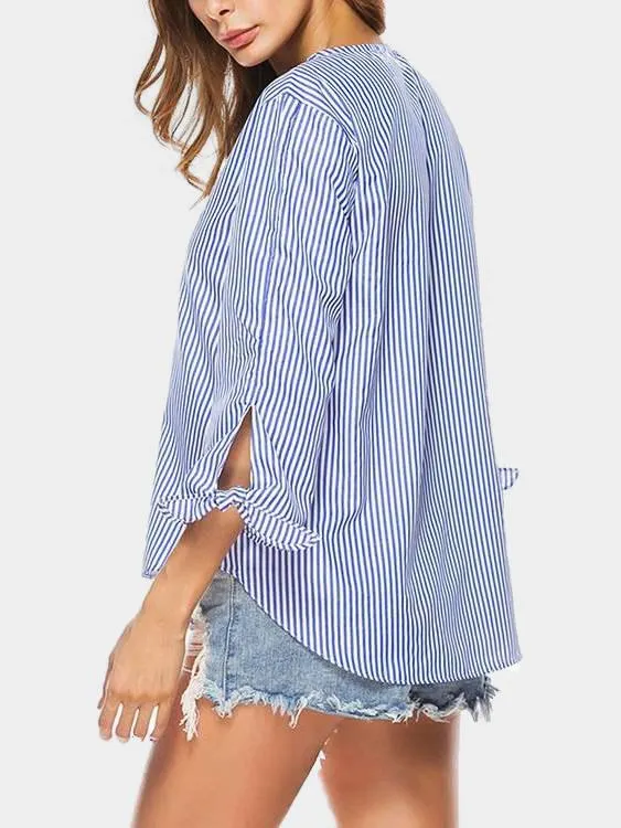 Custom V-Neck Stripe 3/4 Sleeve Irregular Hem Blouses