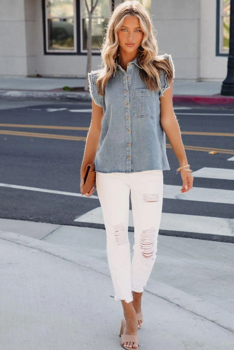 Denim Frayed Ruffle Top