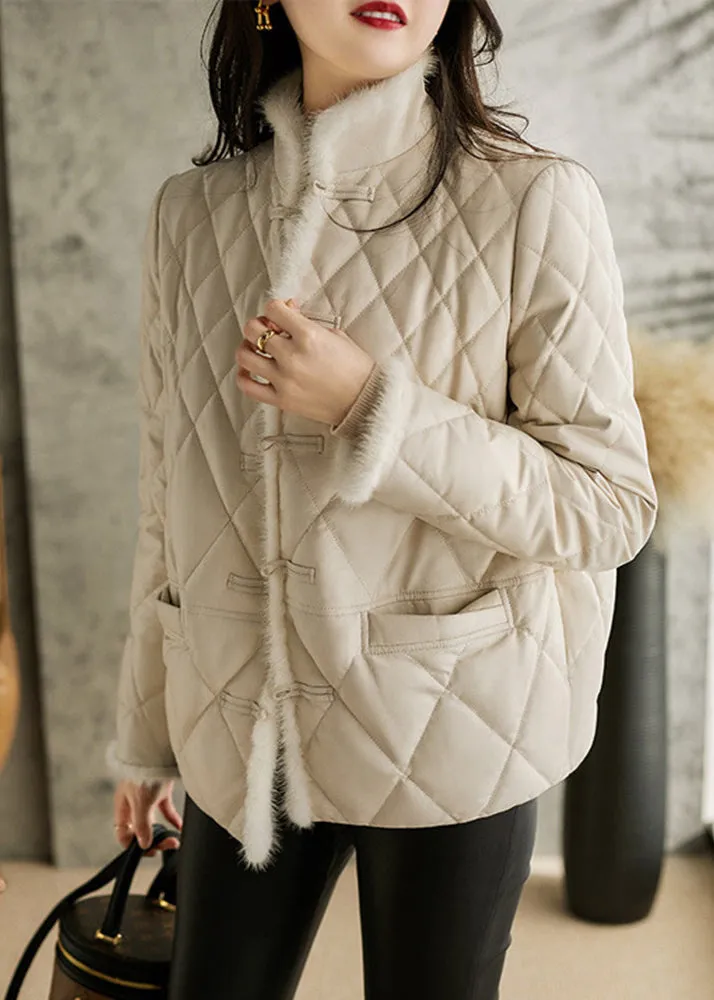 Elegant White Stand Collar Button Pockets Sheepskin Down Coat Long Sleeve