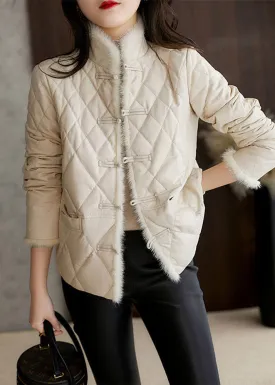 Elegant White Stand Collar Button Pockets Sheepskin Down Coat Long Sleeve