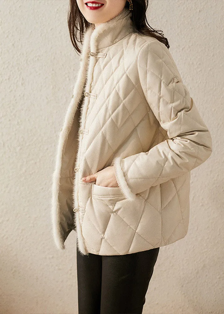 Elegant White Stand Collar Button Pockets Sheepskin Down Coat Long Sleeve