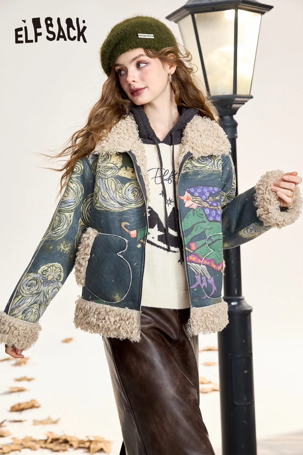 ELFSACK 2024 Winter New Arrivals Original full print plush thickened coat for women Retro witch print with zipper fur stitching