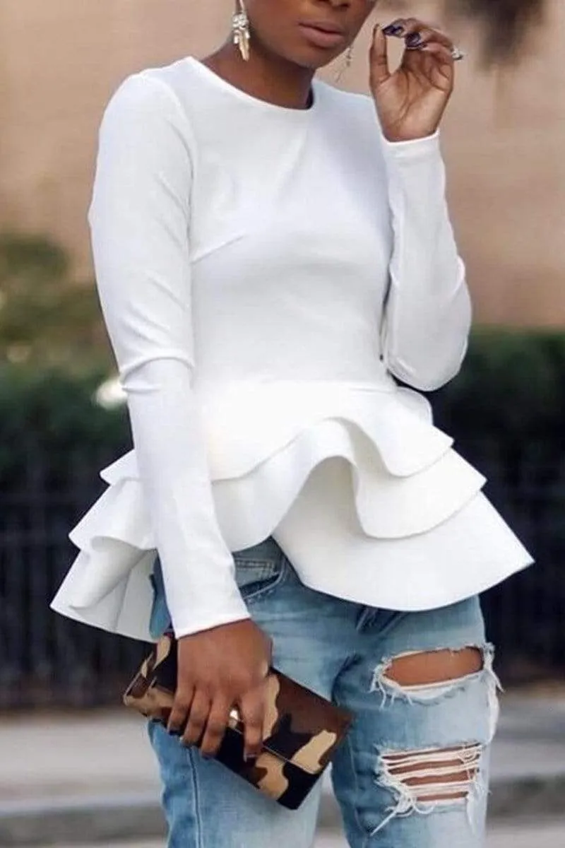 Fashion Casual Poplin Frill Solid Tops