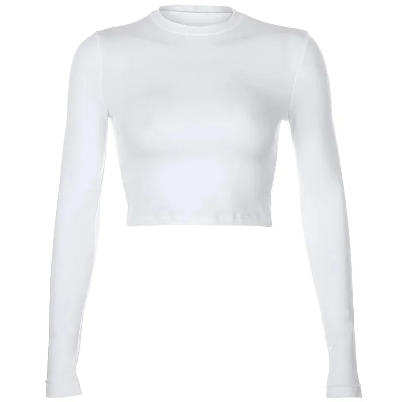 FashionSierra - Basic Long Sleeve Casual Black White Fashion Korean Tee Shirt Crop Tops