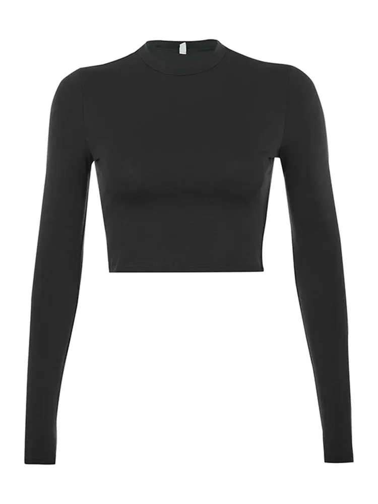 FashionSierra - Basic Long Sleeve Casual Black White Fashion Korean Tee Shirt Crop Tops