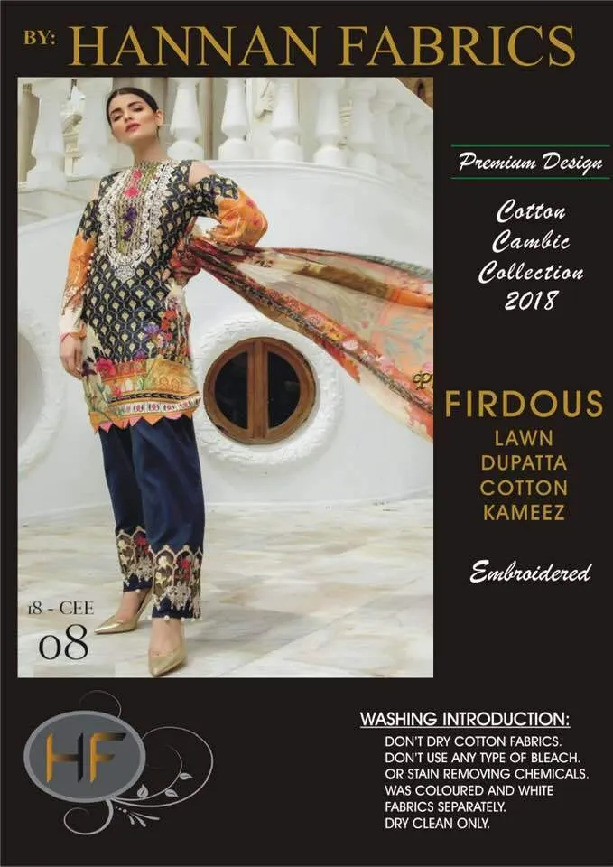 Firdous Cambric Cotton Dresses - Embroidered Lawn Dupatta - Replica - Unstitched