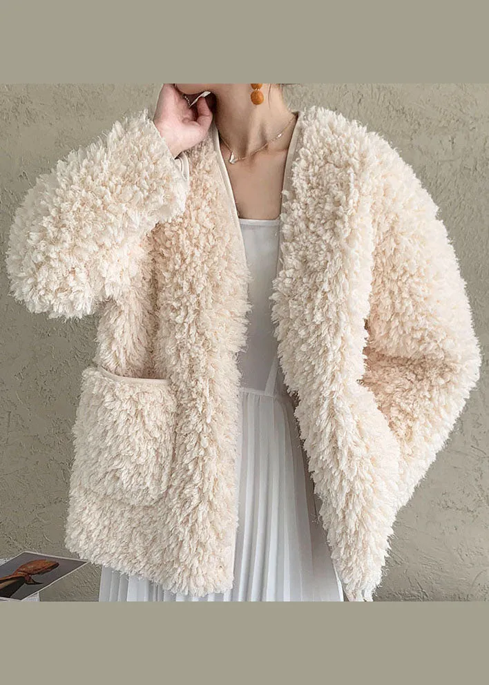 Fitted White V Neck Pockets Faux Fur Coat Outwear Winter