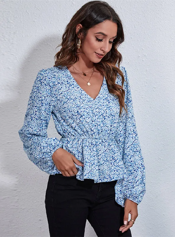 Floral Printed V-neck Lantern Sleeve Top