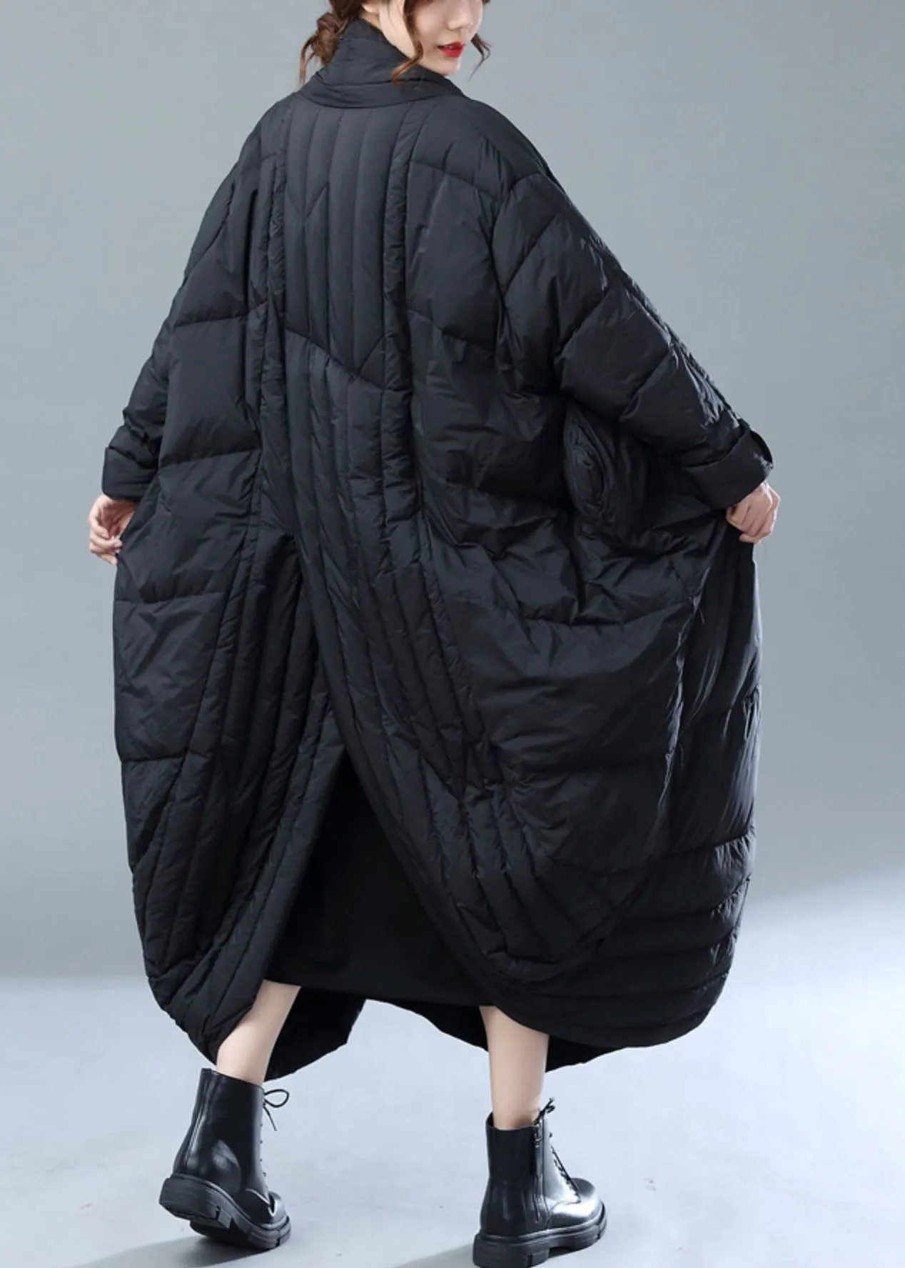 French Black Oversized Pockets Duck Down Witner Coat