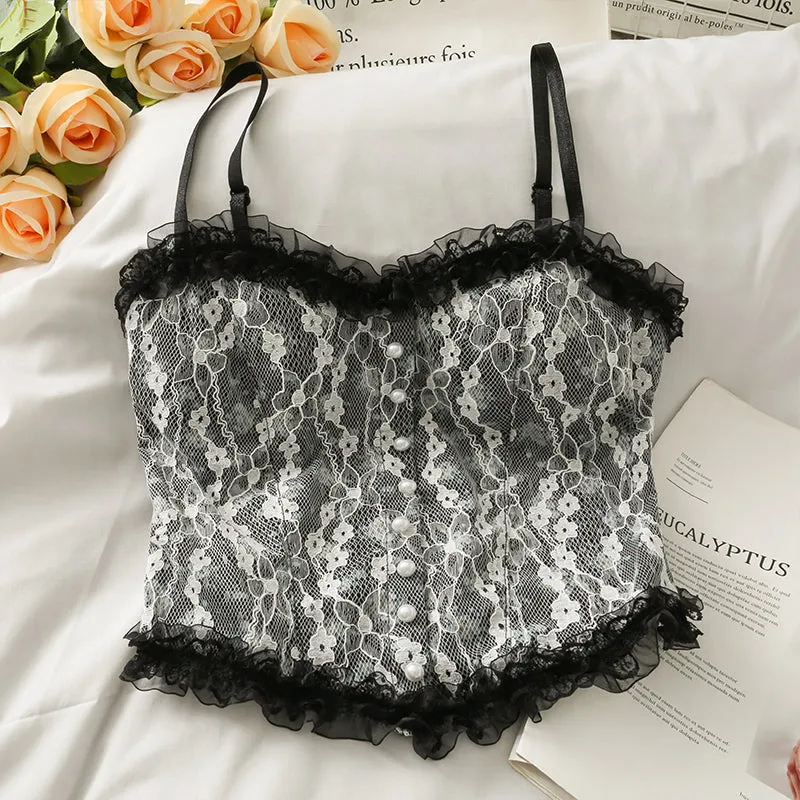 French Print Lace Cami Crop Tank Top Camisole Women's Tube Top Elegant Slim Short Tanks Vest Y2k