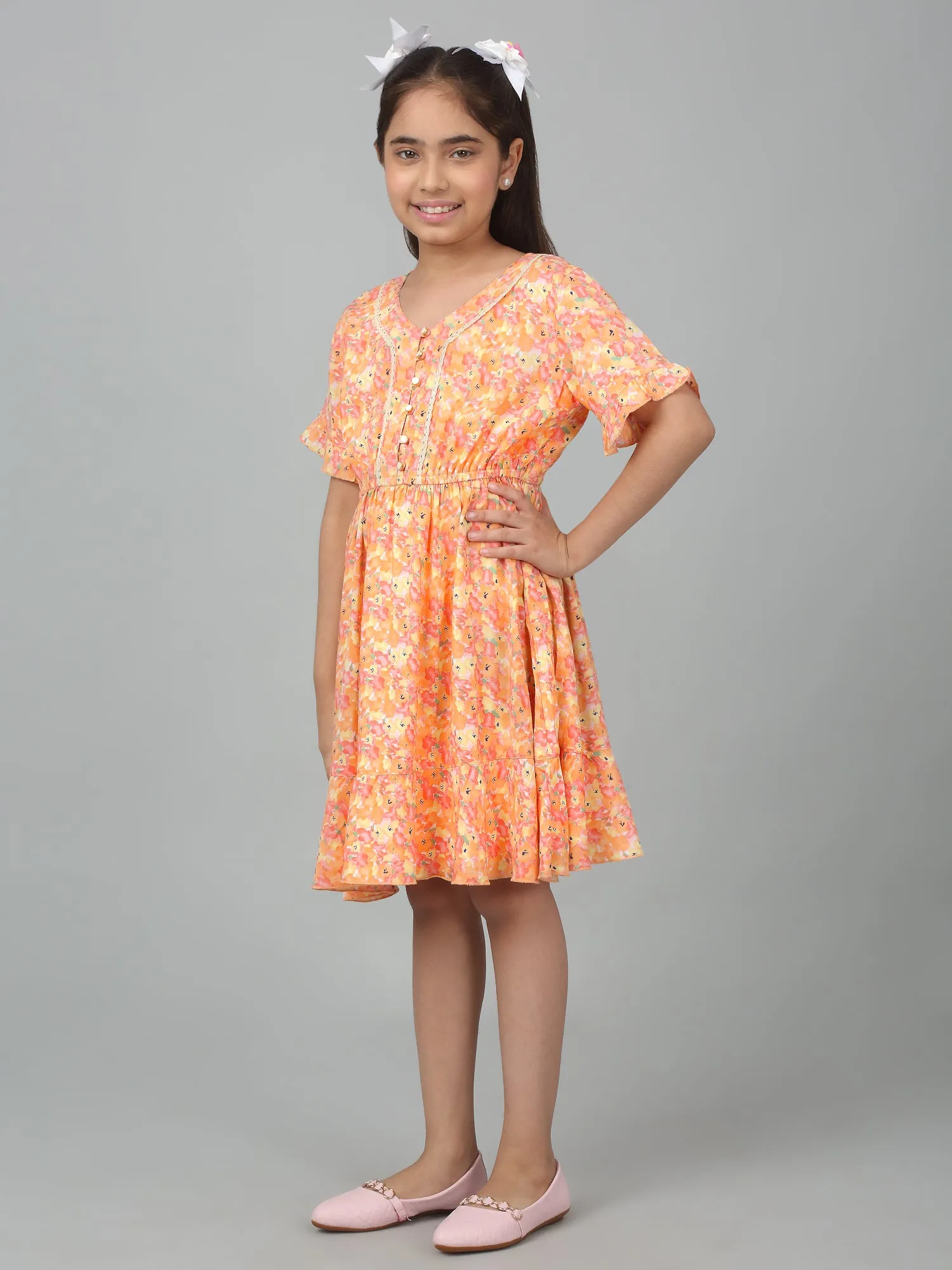 Girl's Orange Half Sleeves Floral Print Dress