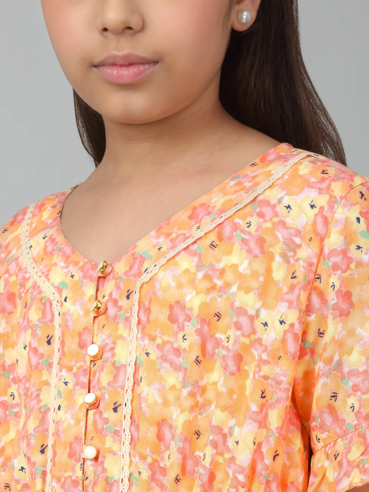 Girl's Orange Half Sleeves Floral Print Dress