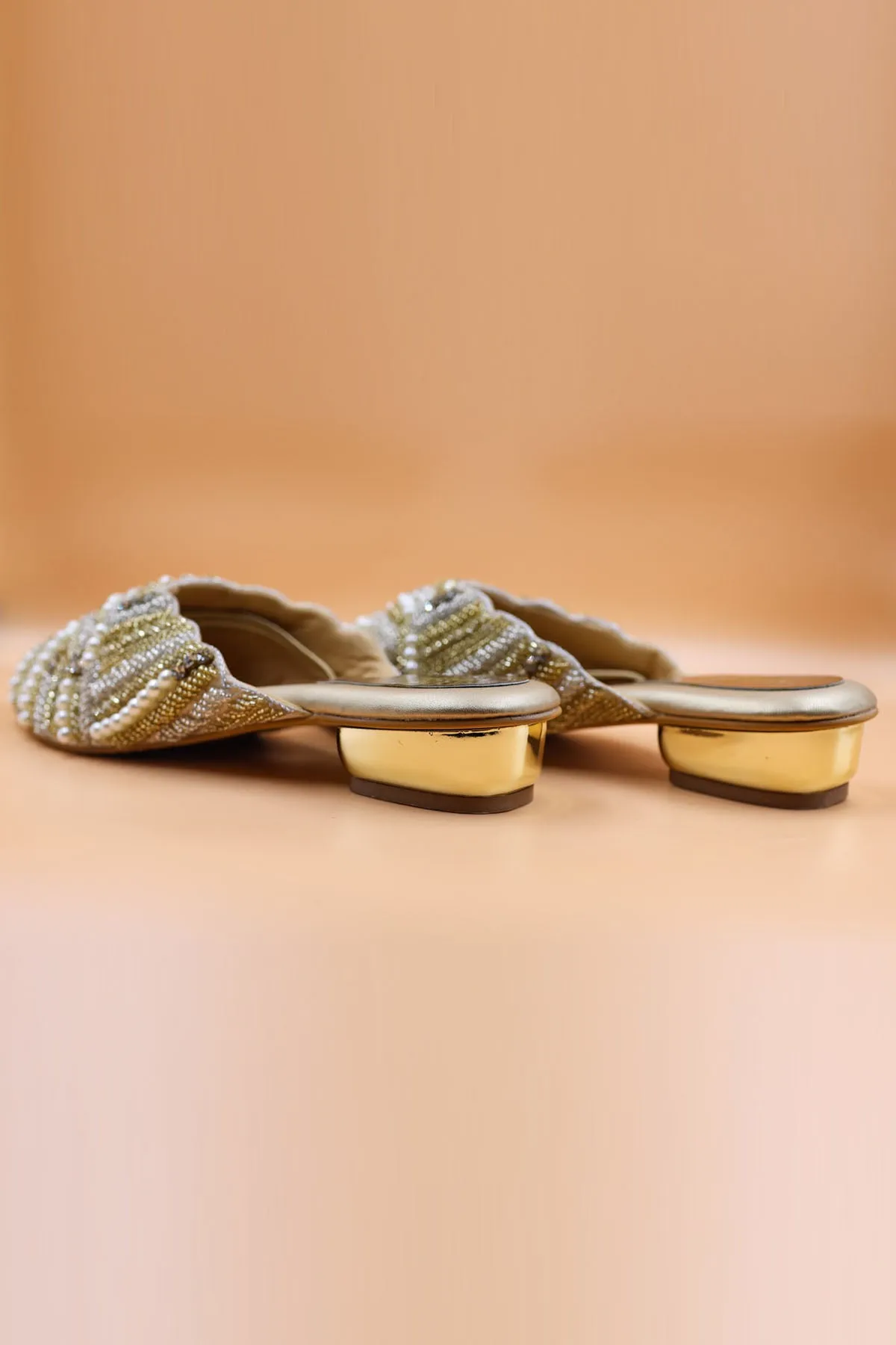 Gold Rexine Crystal Work Mules